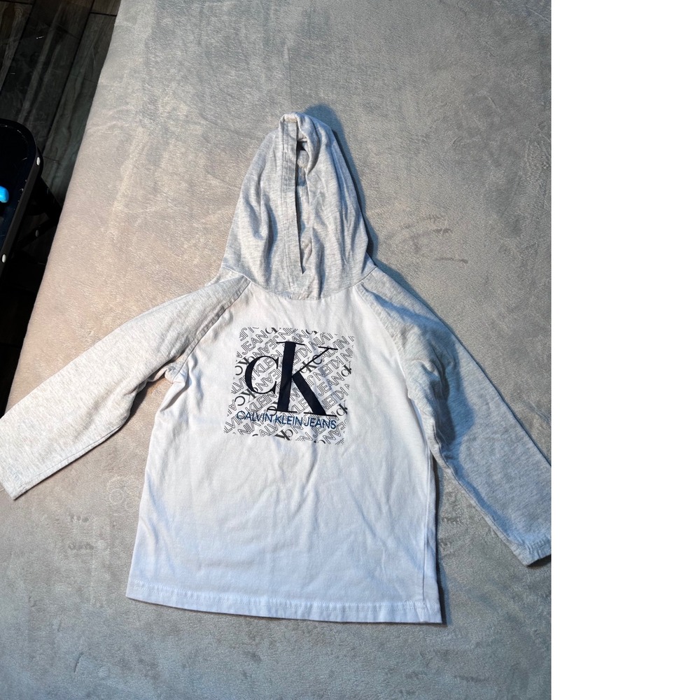 Calvin Klein Jeans Kids White Gray Raglan Long Sleeve Logo Hoodie Tee Size 4